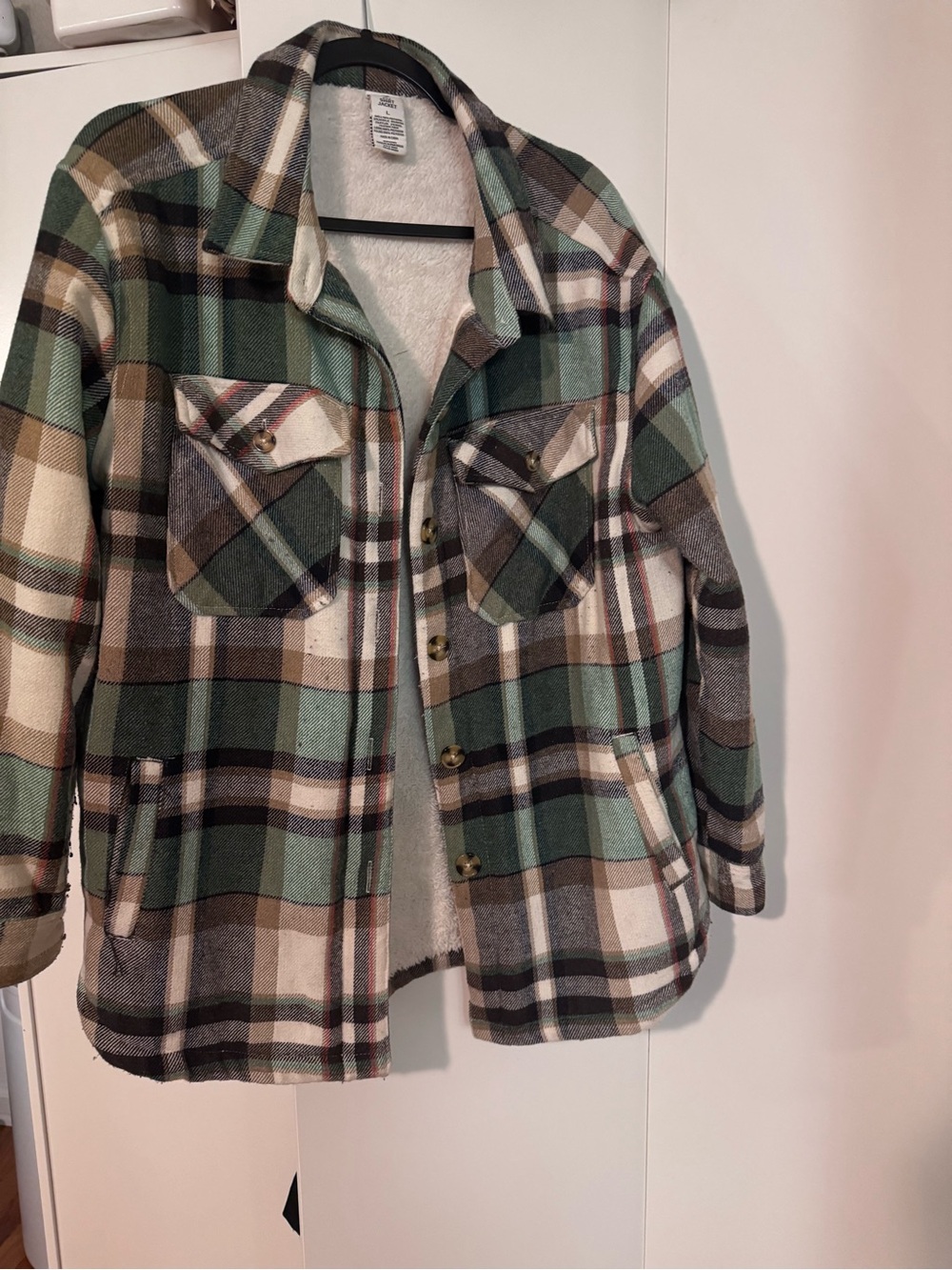 Women’s Plaid Sherpa-Lined Shacket Jacket - Green/Brown/White